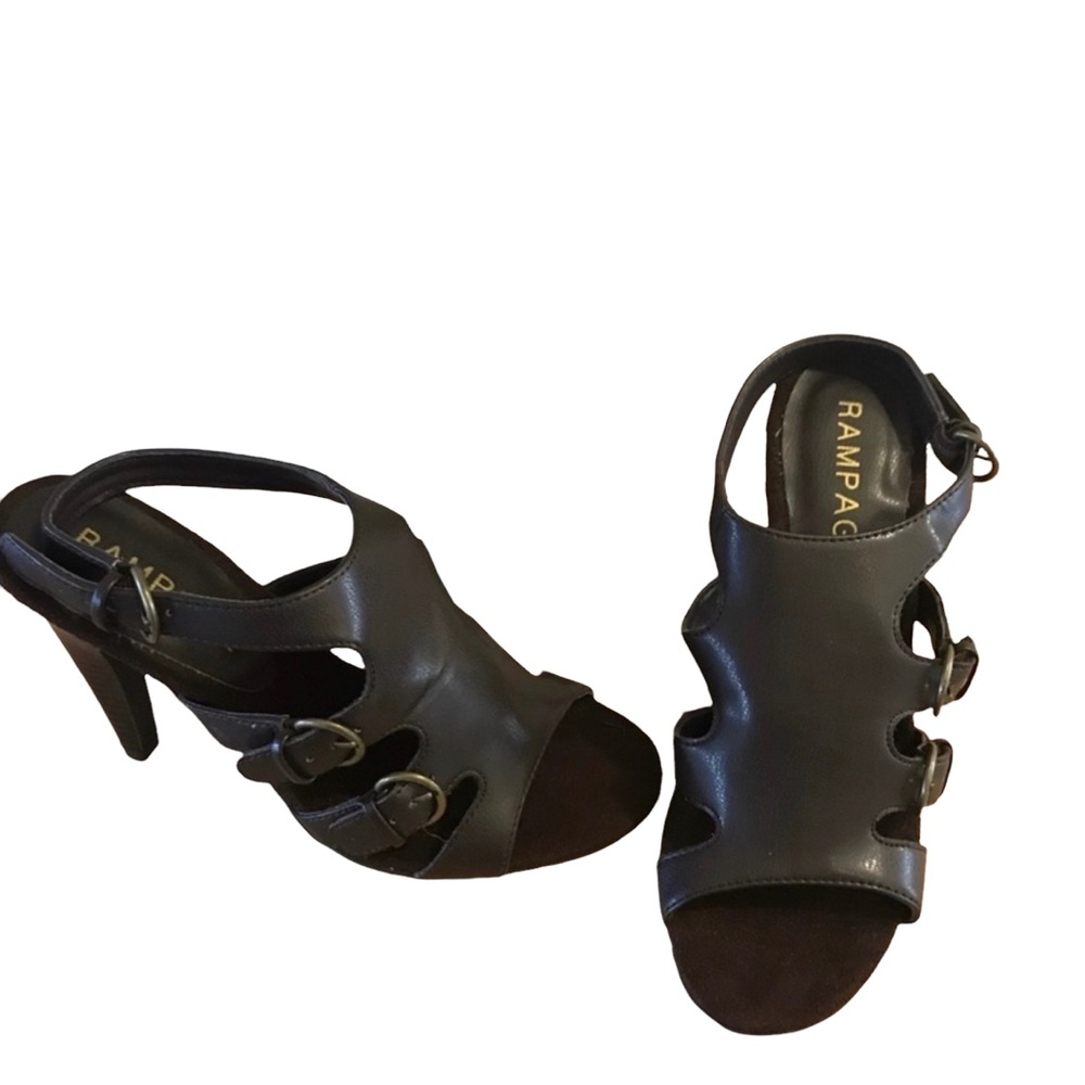 Rampage Women’s 8 Brown Faux Leather Sling Back 3.5” Heel with Bronze Buckles